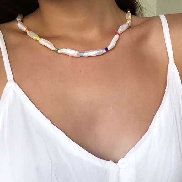 Genuine Freshwater Stick Pearl Colorful Beaded Rainbow Choker Necklace - Picture 5 of 5